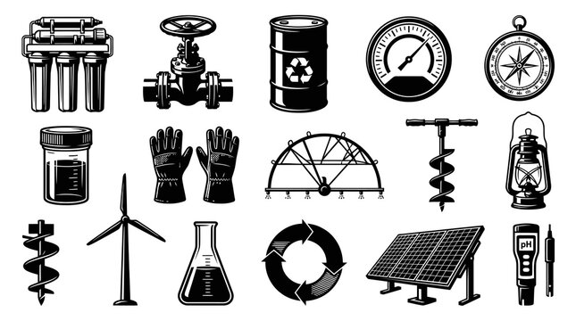 Black and White Icons: Water Filter, Valve, Barrel, Meter, Compass, Lab Jar, Gloves, Greenhouse, Auger, Lantern, Windmill, Flask, Recycle, Solar Panel, pH Meter