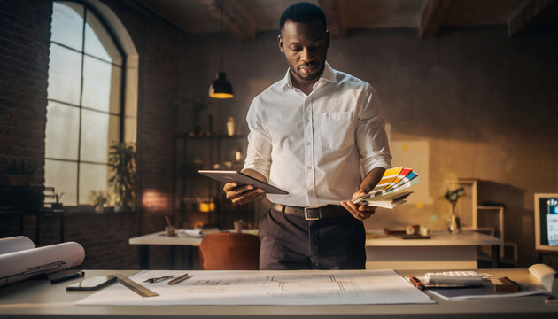 A man reviewing architectural plans in an office setting.