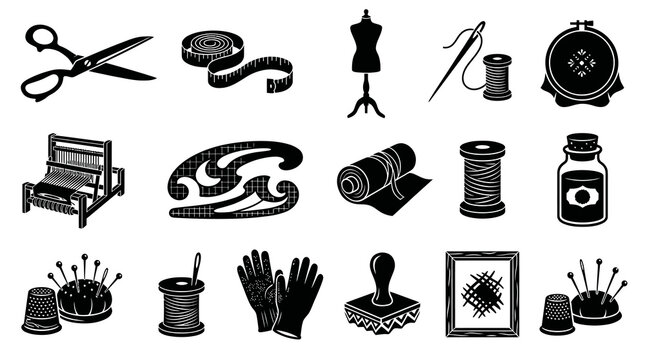 Sewing and Textile Crafting Tools Glyph Icons Set. Black and White Collection of Tailor and Hobby Equipment.