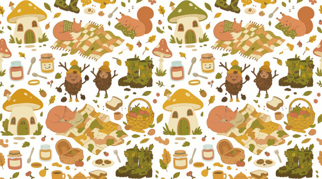 Hand-Drawn Cartoon Autumn Woodland Seamless Pattern with Cozy Mushroom Houses, Foxes, Squirrels, and Acorn Characters