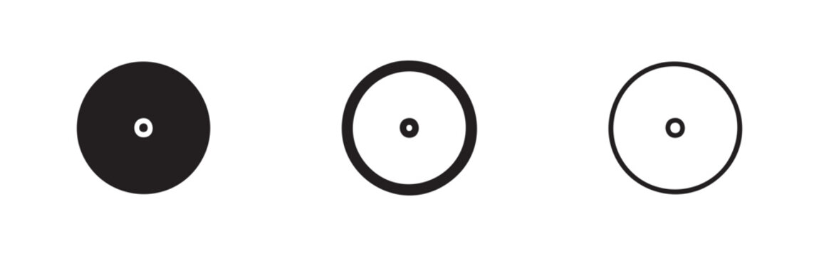 Record or CD icon set in solid, outline, and thin line styles, representing music, audio, and entertainment media.