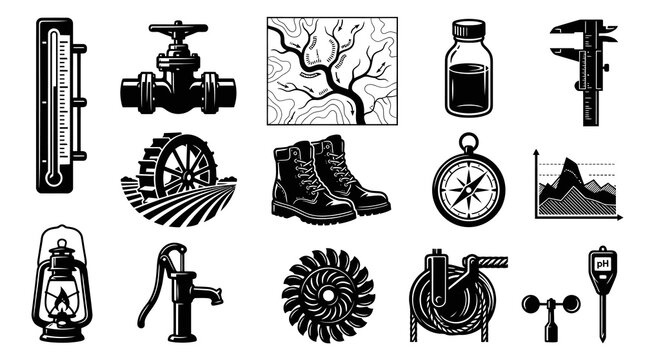 Black and White Icons of Scientific and Agricultural Equipment for Earth Science