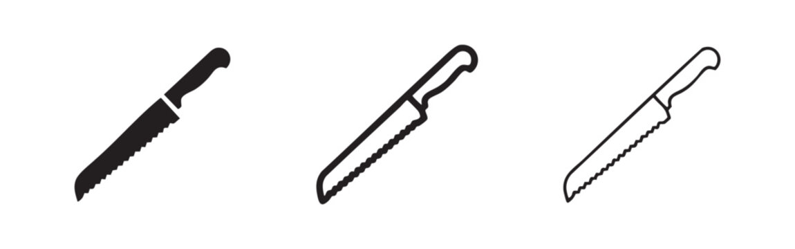 Set of 3 Bread Knife Icons: Solid, Outline, and Detailed Outline