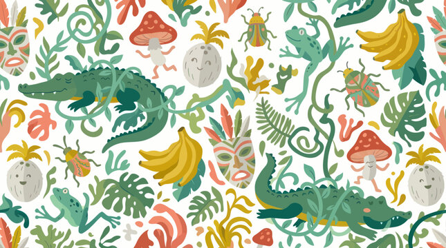 Jungle pattern with crocodile, frog, banana, coconut, beetle, mask, mushroom
