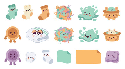 Obraz premium Cute Flat Cartoon Laundry and Cleaning Items Set. Kawaii Socks, Bubbles, Washing Machine, and Towel Vector Illustrations.