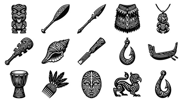 Polynesian Maori Tribal Art Vector Illustration Set. Traditional Pacific Island Cultural Artifacts and Symbols.
