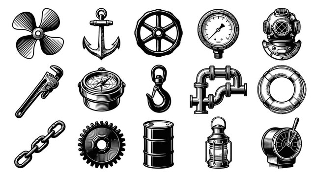 Nautical  Maritime Vintage Vector Icons: Anchor, Compass, Helm, Submarine Helmet