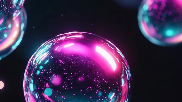 Bubbles appear in a dark space with bright colors. The light changes as the bubbles float around. The view captures details of the bubbles and their reflections