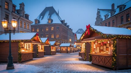 Fototapeta premium Festive Christmas Market in a Snowy European Town with Cozy Stalls and Old Architecture