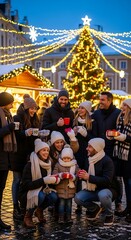 Obraz premium Happy family and friends enjoying winter Christmas market at night.