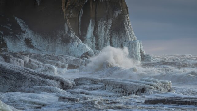 Dramatic coastal scene with icy cliffs crashing waves and snowy shoreline during stormy weather
