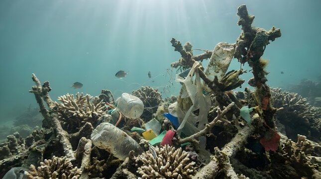 Tropical reef ecosystem damaged by plastic contamination underwater scene