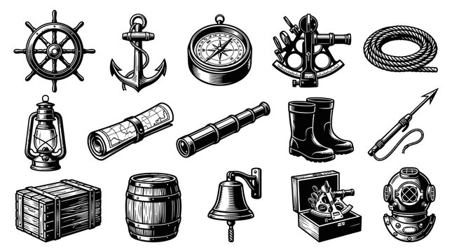 Nautical Maritime Vintage Engraving Icons Set: Ship Tools, Navigation, Sea Travel Elements