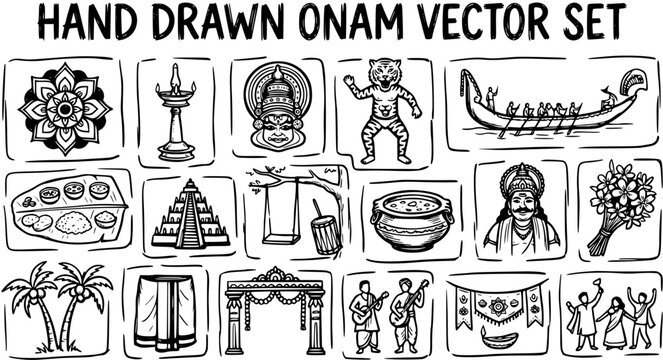 Hand Drawn Black  White Line Art Onam Vector Set: Traditional Indian Cultural Symbols  Kerala Festival Celebration Elements