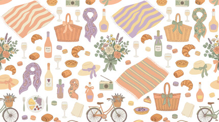 Naklejka premium Hand-Drawn Pastel Picnic Essentials Seamless Pattern. Summer Food, Drink Leisure Lifestyle Illustration.