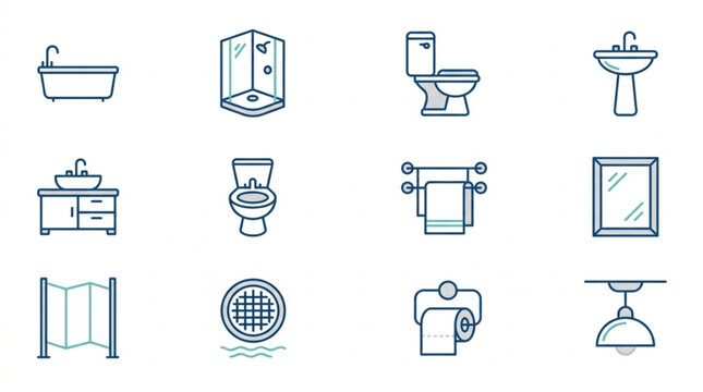 Bathroom Fixtures and Accessories Line Art Icons Set.