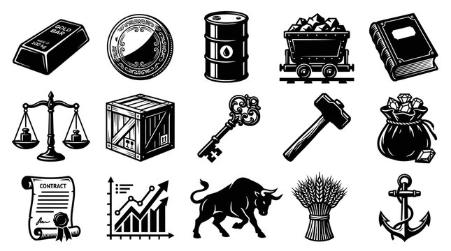 Vintage Business, Finance, and Industry Vector Icons Set - Commodities, Trade, Justice, and Economic Symbols in Monochrome Line Art