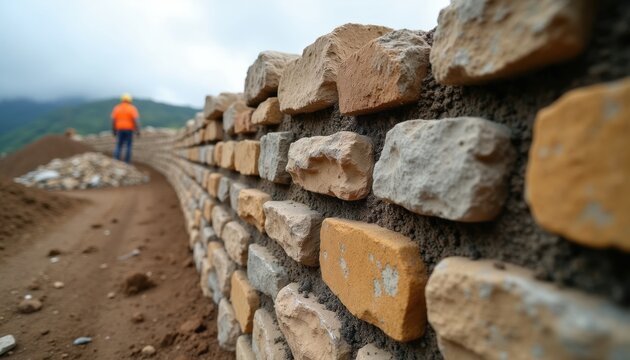 Close up shot of stone wall construction with worker in background. Building strong retaining wall for landscape project. Outdoor site work in progress.