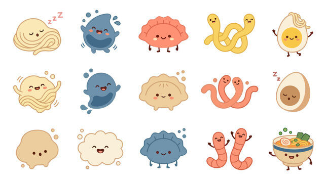 Cute Cartoon Dumplings and Noodles Food Vector Art