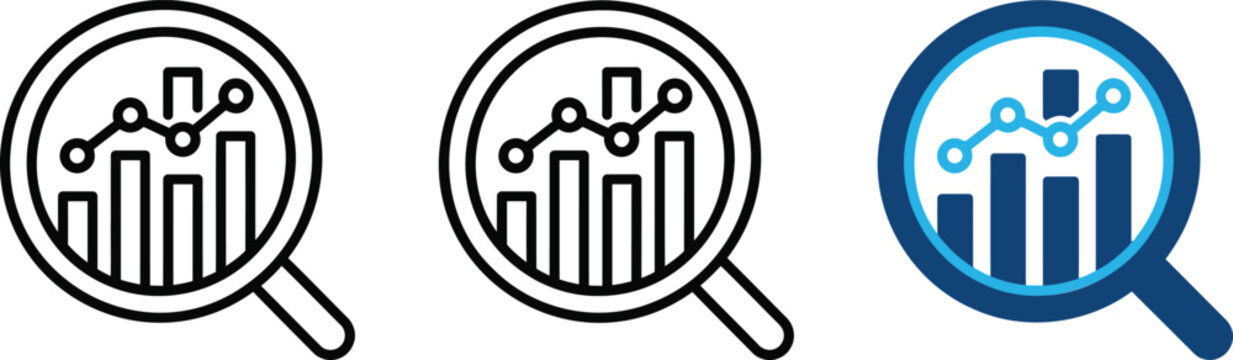 Set of magnifying glass icons with bar chart and line graph inside, data analysis and research concept