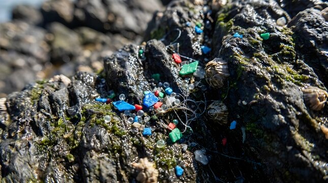 Close up of ocean microplastics trapped between coastal rocks