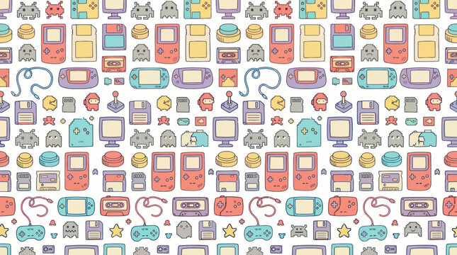 Cute Retro Gaming Pattern: Game Boy, Controllers, Aliens, Cassettes