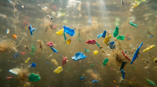 Colorful microplastic fragments floating in polluted ocean water background