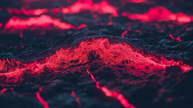 Realistic digital representation of viral spread, red glow, dark terrain, single, with shimmering surface, implying movement 