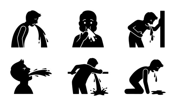 Sickness and Vomiting Icons: Nausea, Illness, and Discomfort Vector Set, Medical Symptoms Collection