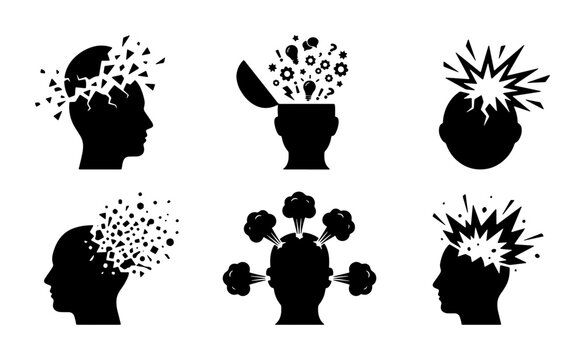 Six Silhouette Heads Exploding with Ideas, Concepts, and Mental Overload, Vector Icons for Brainstorming and Creative Thinking