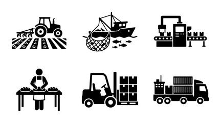 Naklejka premium Industrial Icons Set: Agriculture, Fishing, Manufacturing, Bakery, Logistics, Shipping, Vector Graphics for Business and Industry Concepts