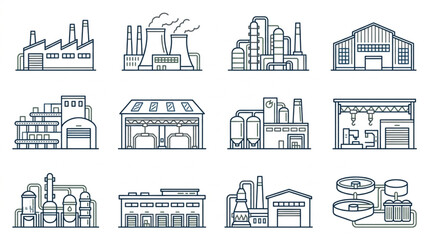 Fototapeta premium Collection of Industrial Factory Buildings Icons Set.