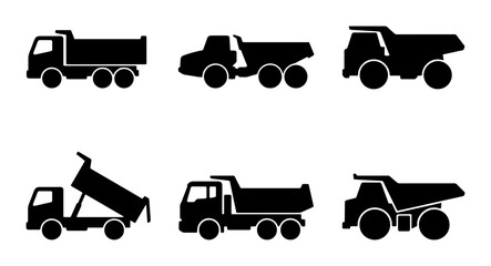 Dump Truck Silhouettes Collection, Heavy Machinery Icons, Construction Vehicle Vector Set, Industrial Transport Graphics © Arif
