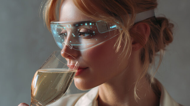 Close-up profile of woman sipping pale golden drink while wearing visor with cyan holographic interface in studio