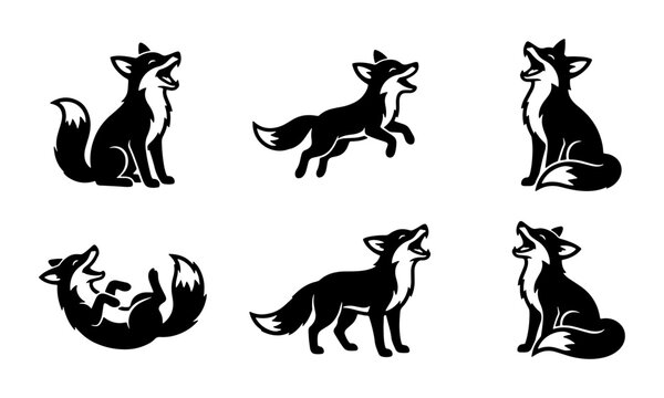 Black Fox Silhouettes Set, Woodland Animal Poses Vector Collection, Wild Canine Graphics for Nature Designs