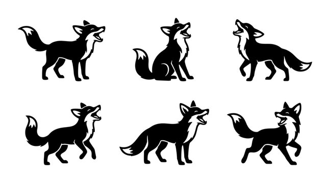 Set of Six Black Fox Vector Silhouettes, Wild Animal Poses, Nature Graphics, Woodland Creature Illustrations, Graphic Design Elements