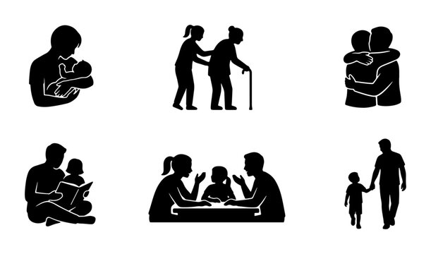 Family Care Icons, Generational Support Symbols, Love and Connection Graphics, Human Relationships Vector Set