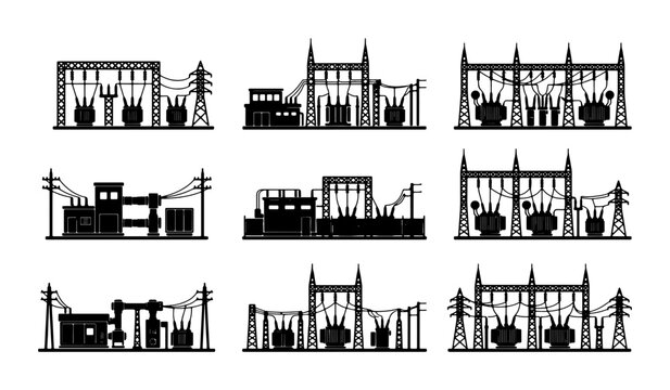 Electrical Substation Vector Icons Set, Power Grid Infrastructure Silhouettes, Energy Transmission Stations Collection, Industrial Electricity Generation Buildings