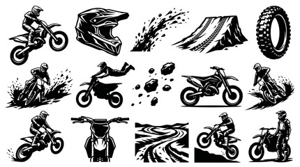 Obraz premium Black and White Vector Set of Motocross Dirt Bike Rider and Helmet