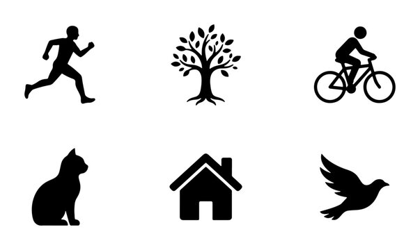 Six Silhouette Icons: Runner, Tree, Cyclist, Cat, House, Dove. Simple Black Vector Graphics for Lifestyle, Nature, and Home Themes.