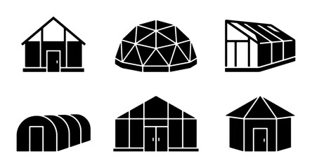 Greenhouse Icons Set, Agricultural Structures Vector Collection, Garden Building Silhouettes for Farming and Horticulture © Tahmina