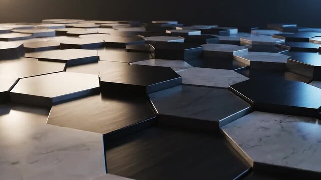 Close-up of glossy hexagonal tiles in staggered pattern with marble and dark metal textures under moody low lighting