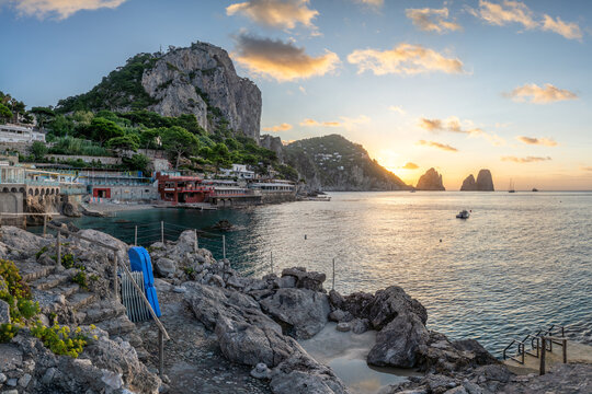 Marina Piccola harbor at sunrise, Capri Island, Italy