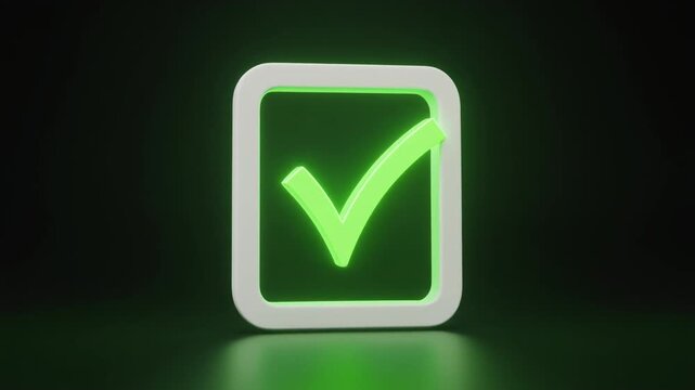 Glowing green check mark inside illuminated rounded square on dark background, symbolizing success, approval, completion, and digital confirmation.
