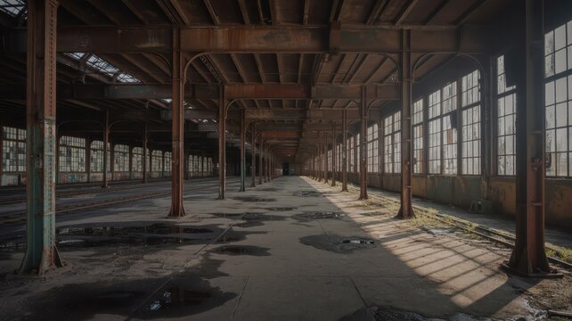 Abandoned Factory Interior with Large Windows, Wooden Beams, and Natural Light