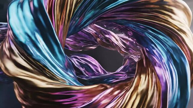 Abstract twisted metallic ribbons in gold, purple and blue, forming a dynamic torus against a moody dark background.