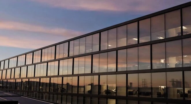 Modern Corporate Glass Building Reflecting Dramatic Sunset Sky at Dusk, Professional Architecture Photography for Business and Real Estate