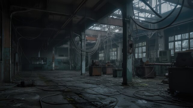 Abandoned industrial warehouse with broken windows and hanging wires in dim lighting