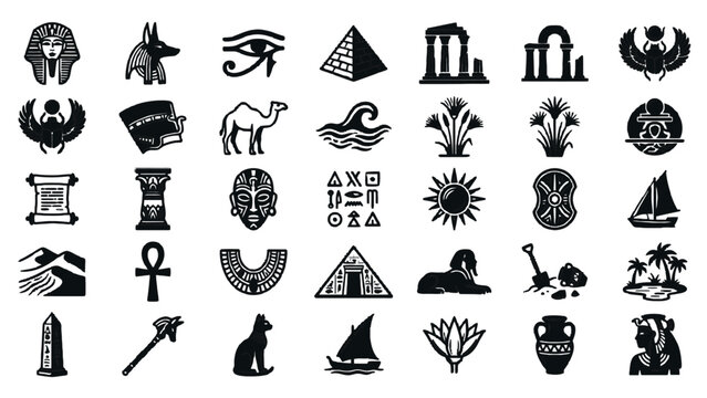 Ancient Egyptian icons set, black silhouette Egypt symbols collection, 35 vector elements including pyramids, pharaoh, sphinx and hieroglyphs