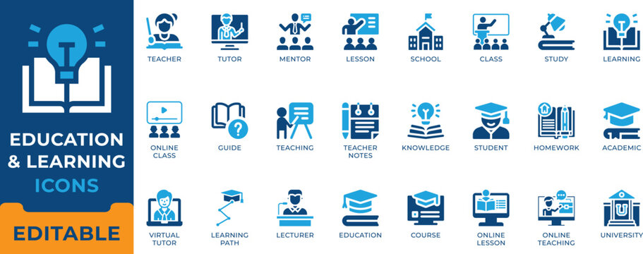 Education and learning icon set. E-learning platform, online course, edtech, virtual teaching, university student, academic study and school graduation vector symbols.